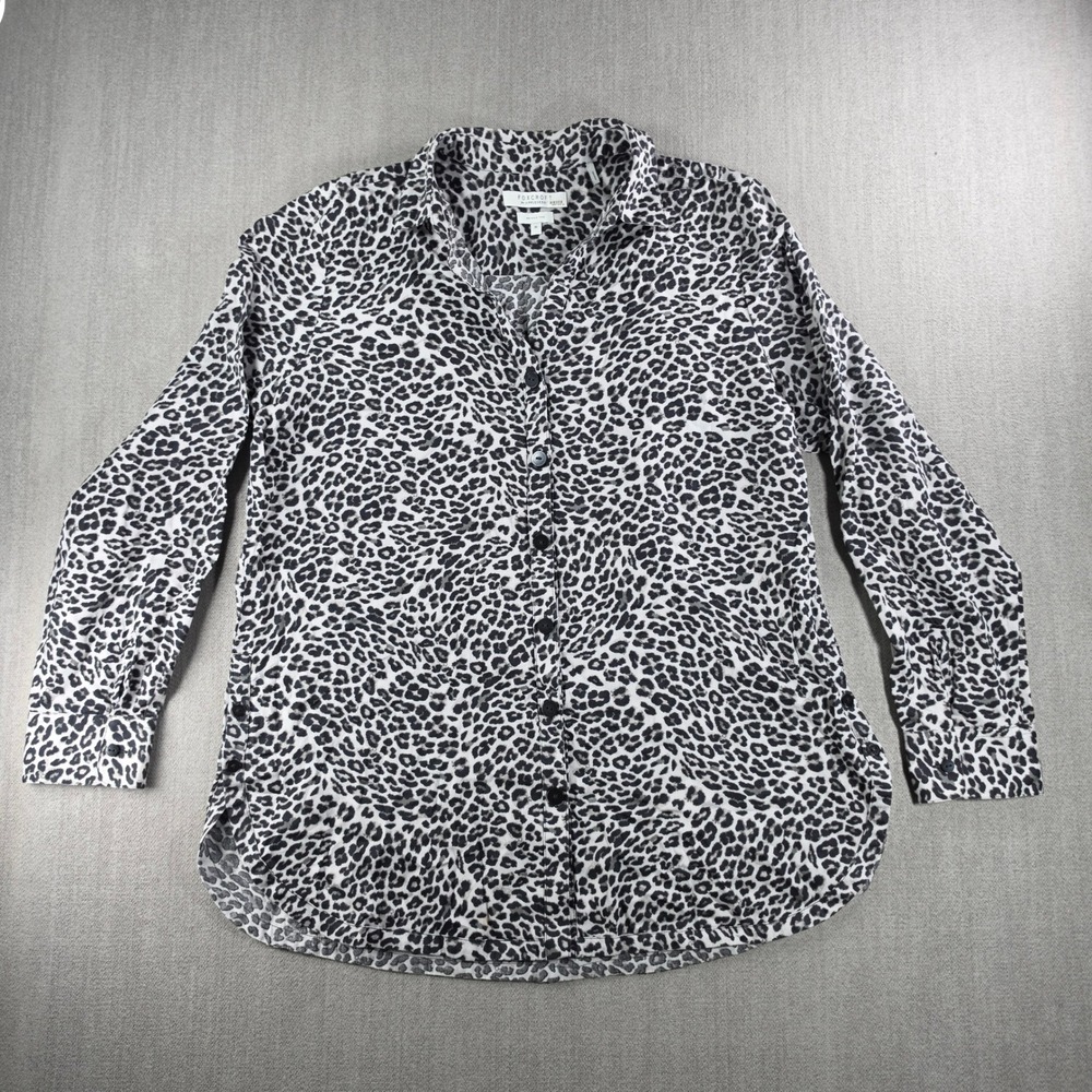 Foxcroft Button Down Shirt Women 16 Black White Leopard Animal Print Cotton